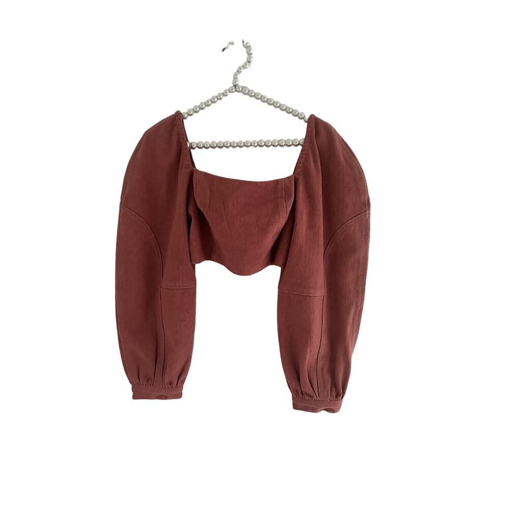 Free people cropped top long sleeve demin Burt peach color NWT Sz 0